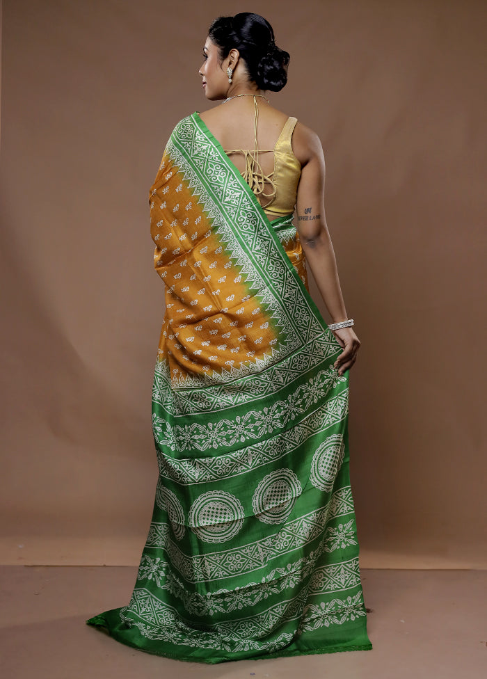 Yellow Printed Pure Silk Saree With Blouse Piece