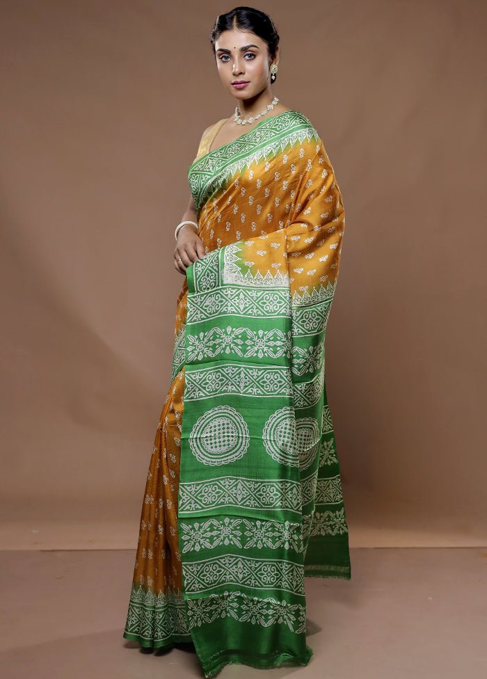 Yellow Printed Pure Silk Saree With Blouse Piece - Indian Silk House Agencies