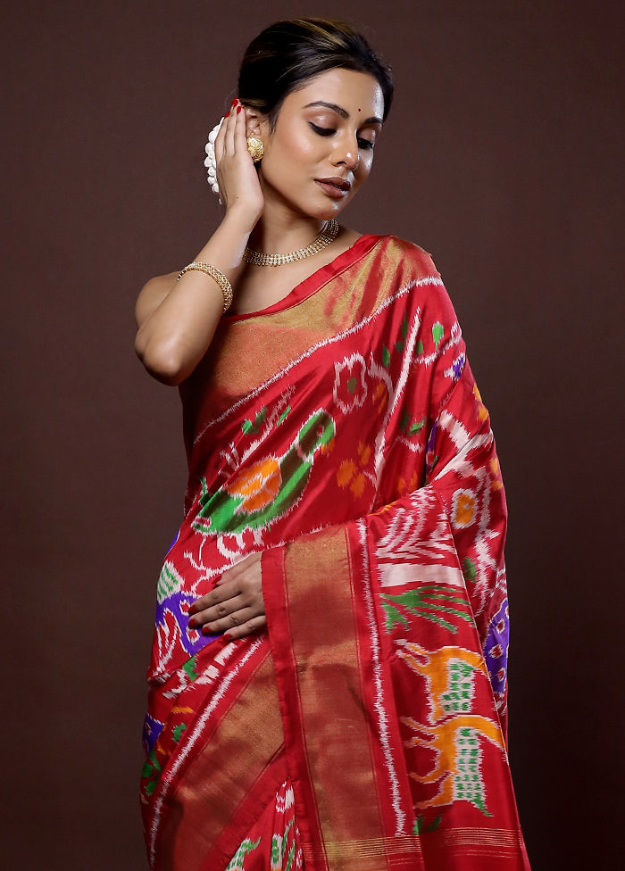 Red Ikkat Pure Silk Saree With Blouse Piece