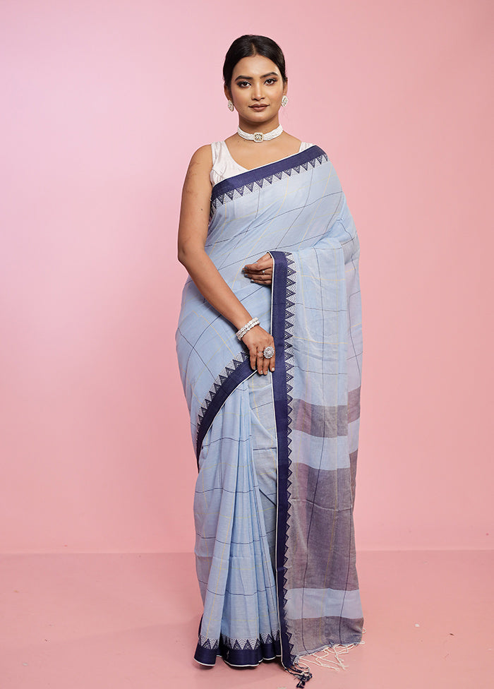 Blue Khadi Cotton Saree Without Blouse Piece - Indian Silk House Agencies