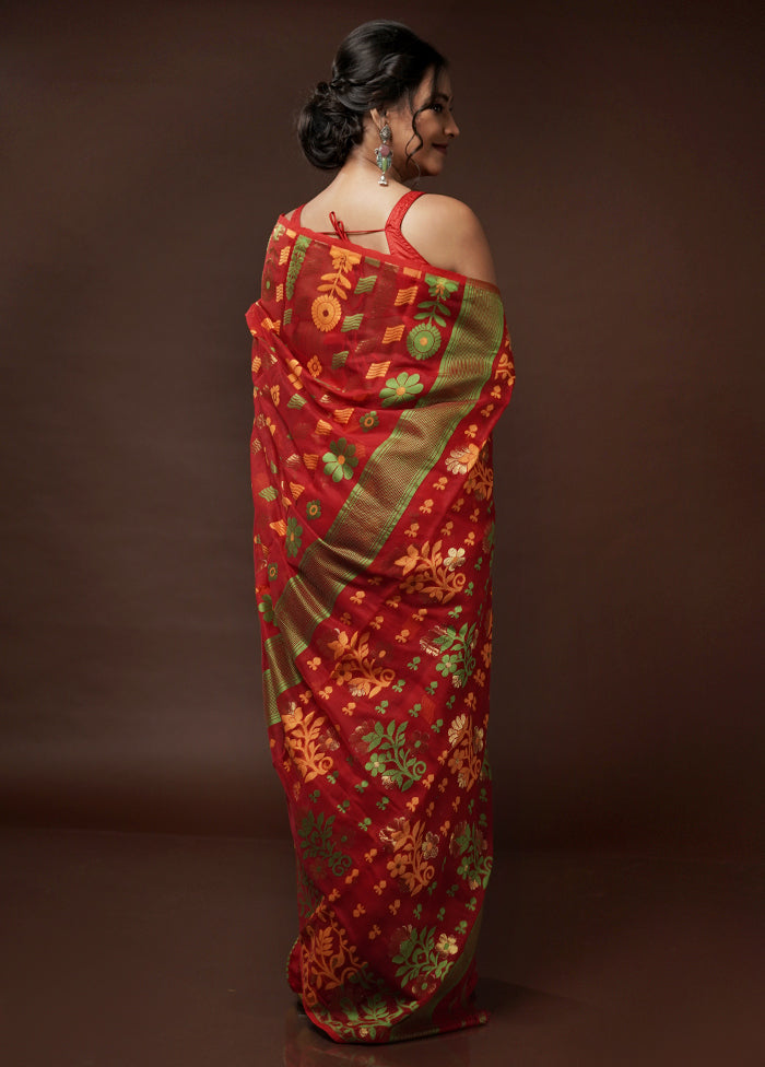 Red Tant Jamdani Saree Without Blouse Piece - Indian Silk House Agencies