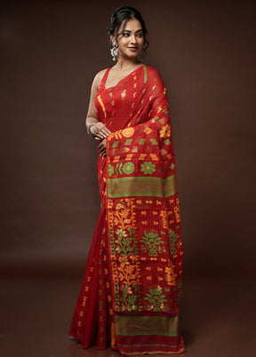 Red Tant Jamdani Saree Without Blouse Piece - Indian Silk House Agencies