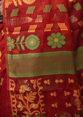 Red Tant Jamdani Saree Without Blouse Piece - Indian Silk House Agencies