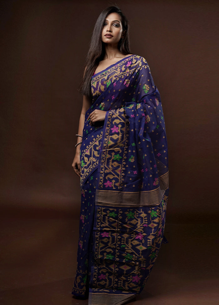 Blue Tant Jamdani Saree Without Blouse Piece - Indian Silk House Agencies