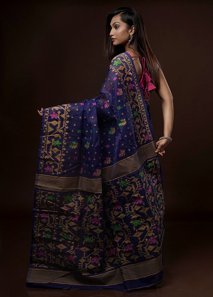 Blue Tant Jamdani Saree Without Blouse Piece