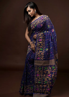 Blue Tant Jamdani Saree Without Blouse Piece