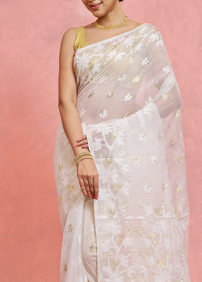White Pure Tant Jamdani Saree Without Blouse Piece - Indian Silk House Agencies