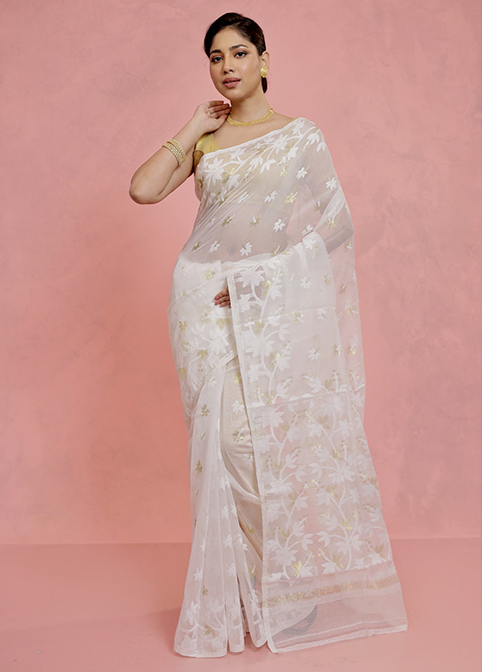 White Pure Tant Jamdani Saree Without Blouse Piece - Indian Silk House Agencies