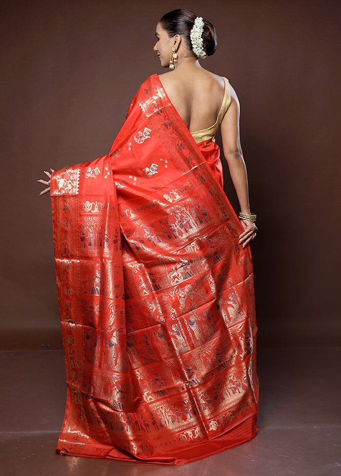 Red Handloom Baluchari Pure Silk Saree With Blouse Piece