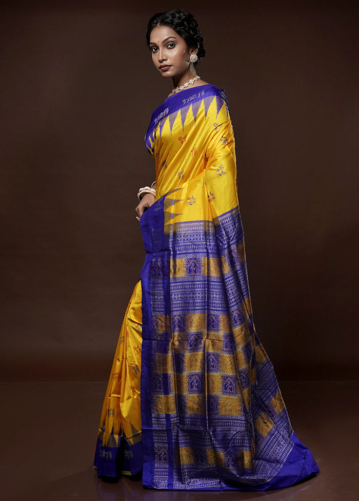 Yellow Bomkai Pure Silk Saree With Blouse Piece