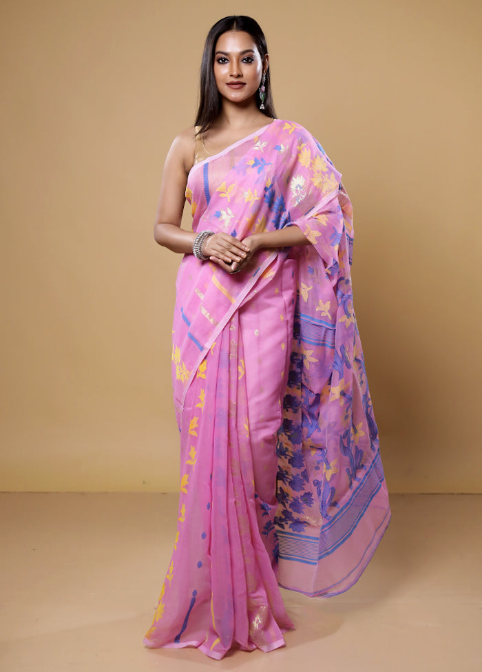 Pink Tant Jamdani Saree Without Blouse Piece