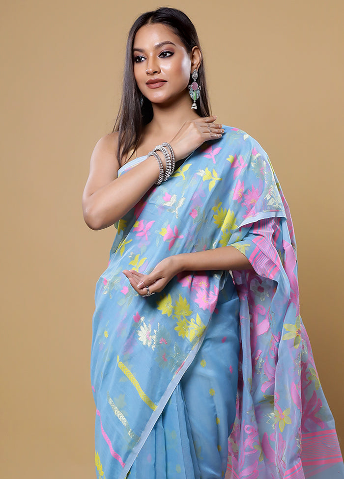 Blue Tant Jamdani Saree Without Blouse Piece