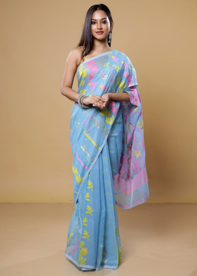 Blue Tant Jamdani Saree Without Blouse Piece