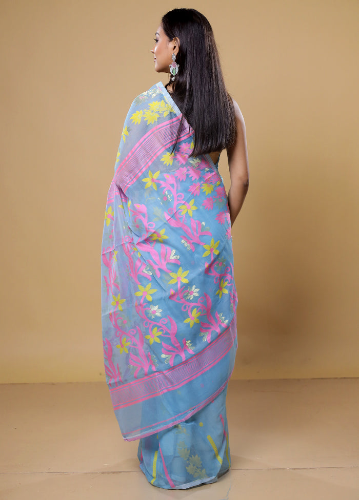 Blue Tant Jamdani Saree Without Blouse Piece