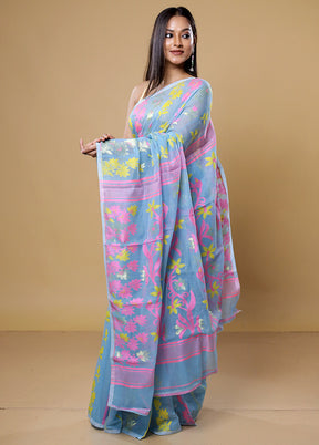 Blue Tant Jamdani Saree Without Blouse Piece