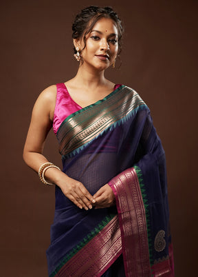 Blue Kora Silk Saree With Blouse Piece - Indian Silk House Agencies