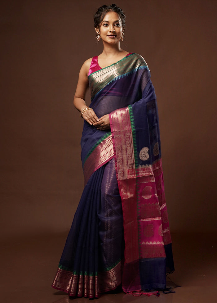 Blue Kora Silk Saree With Blouse Piece - Indian Silk House Agencies