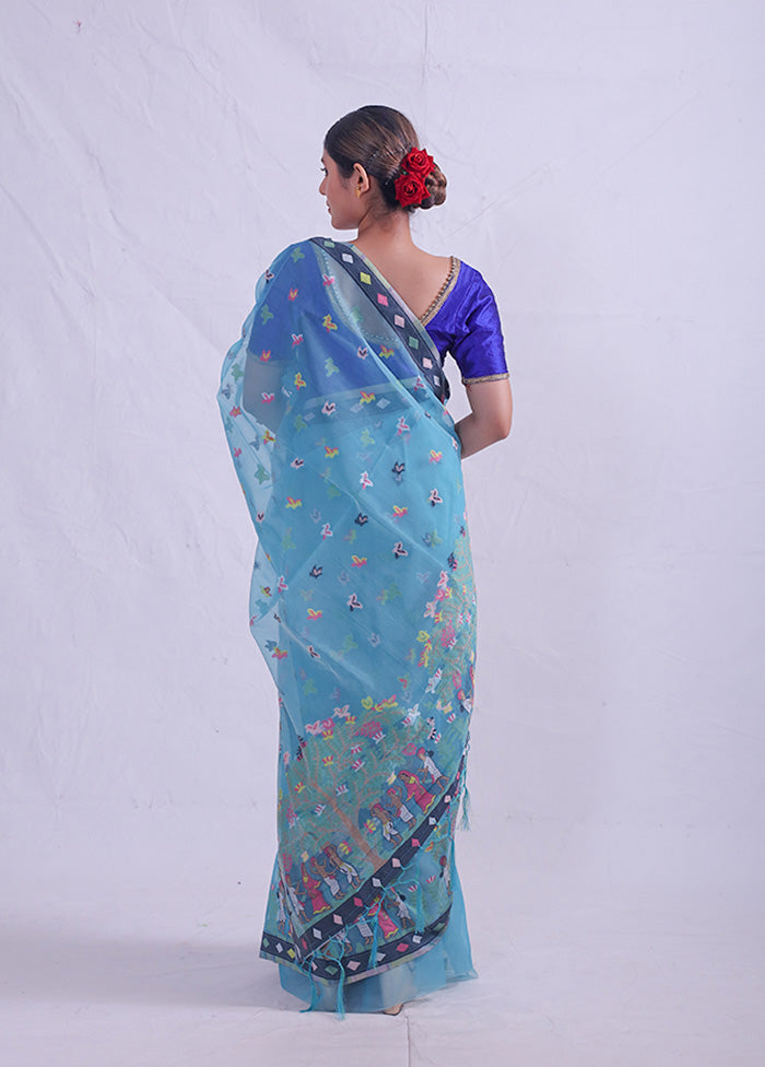 Blue Tant Cotton Saree Without Blouse Piece - Indian Silk House Agencies