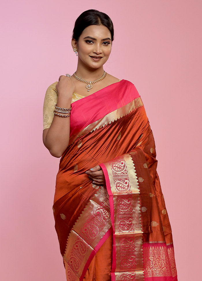 Brown Kanjivaram Pure Silk Saree With Blouse Piece - Indian Silk House Agencies