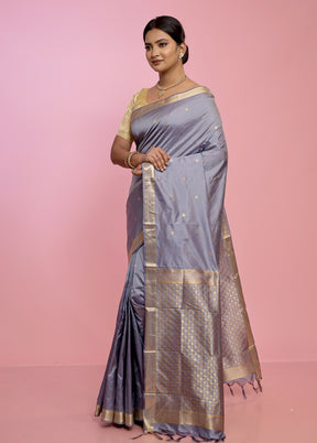 Grey Pure Kanjivaram Silk Saree With Blouse Piece - Indian Silk House Agencies