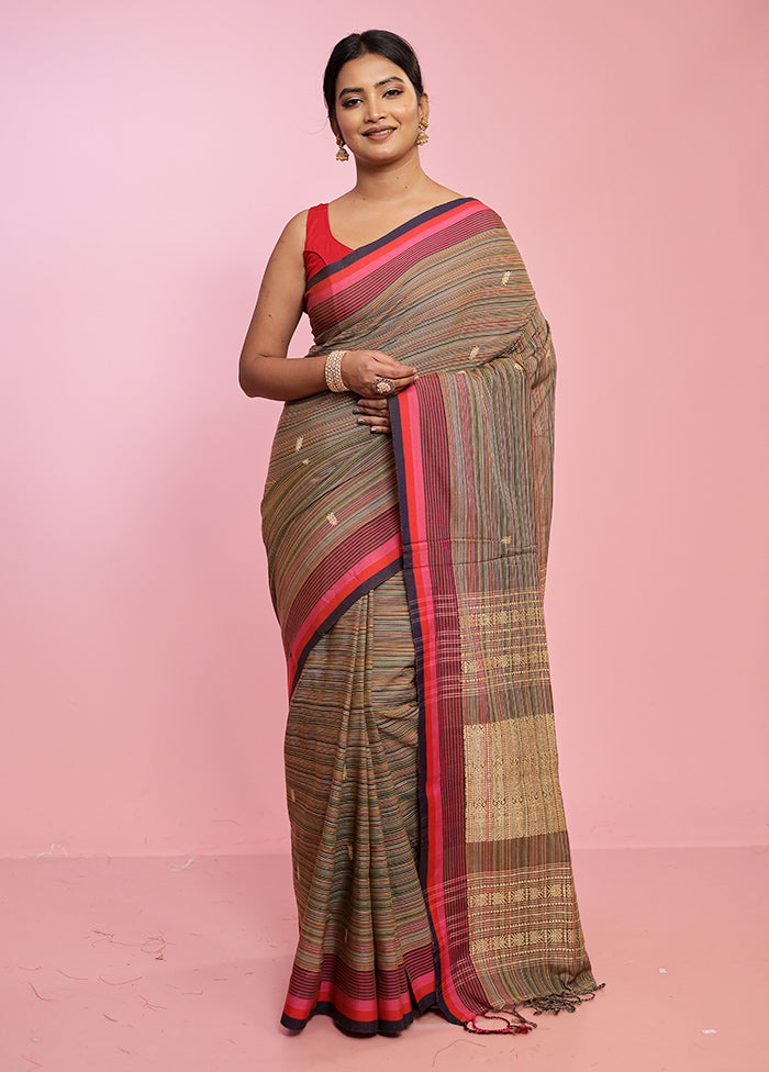 Brown Khadi Cotton Saree Without Blouse Piece - Indian Silk House Agencies