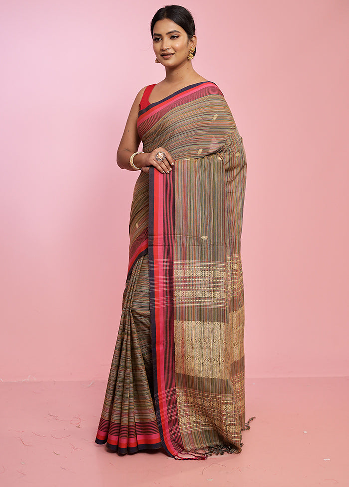 Brown Khadi Cotton Saree Without Blouse Piece - Indian Silk House Agencies
