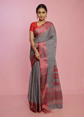 Grey Pure Khadi Cotton Saree Without Blouse Piece - Indian Silk House Agencies