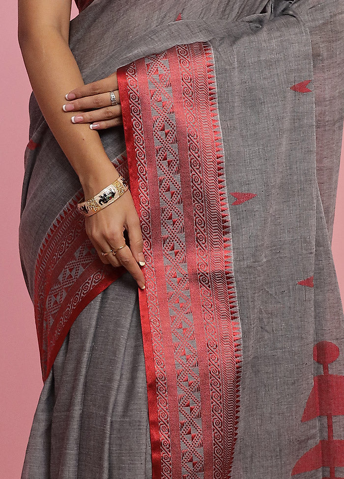 Grey Pure Khadi Cotton Saree Without Blouse Piece - Indian Silk House Agencies