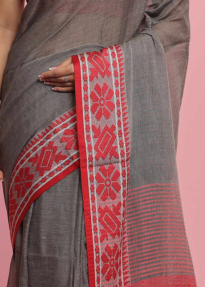 Grey Pure Khadi Cotton Saree Without Blouse Piece - Indian Silk House Agencies