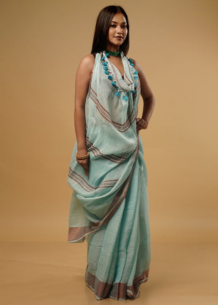 Green Linen Silk Saree With Blouse Piece - Indian Silk House Agencies