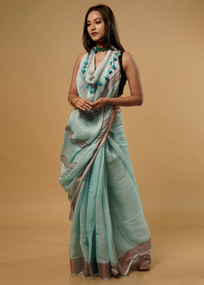 Green Linen Silk Saree With Blouse Piece