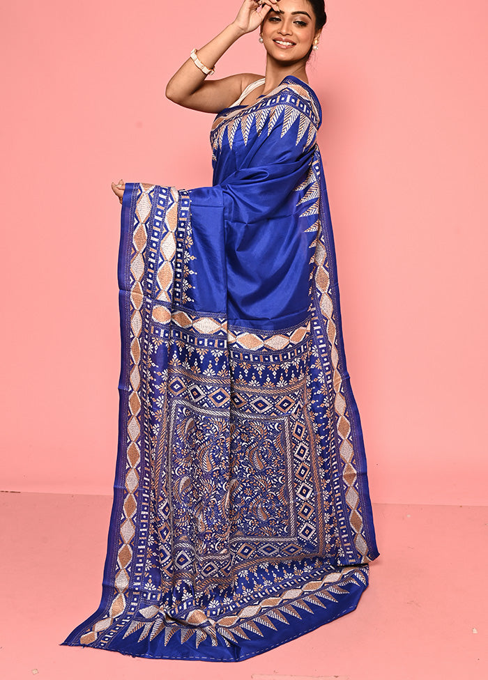 Blue Pure Silk Kantha Stitch Silk Saree With Blouse Piece - Indian Silk House Agencies