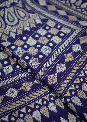 Blue Kantha Stitch Pure Silk Saree With Blouse Piece