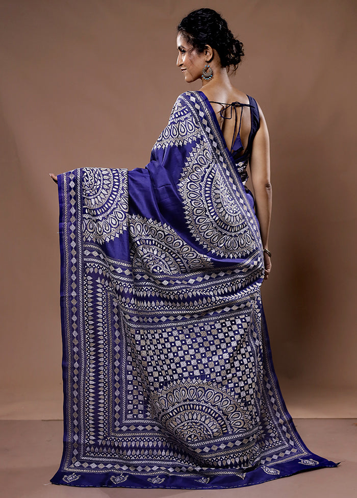 Blue Kantha Stitch Pure Silk Saree With Blouse Piece