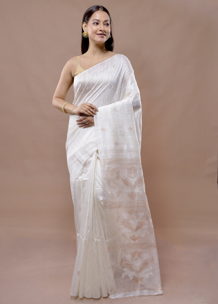 White Matka Pure Silk Saree With Blouse Piece