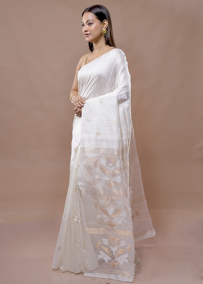 White Matka Pure Silk Saree With Blouse Piece