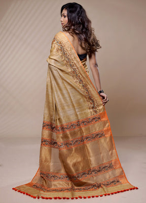 Cream Matka Pure Silk Saree Without Blouse Piece - Indian Silk House Agencies