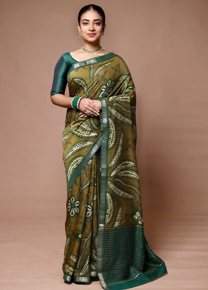 Green Chanderi Cotton Saree With Blouse Piece