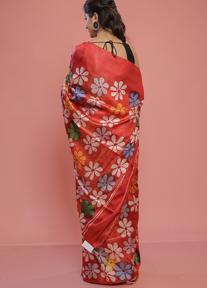 Rust Printed Pure Silk Saree With Blouse Piece - Indian Silk House Agencies