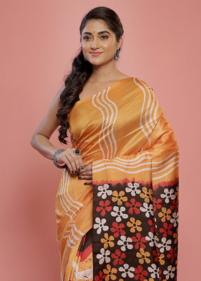 Yellow Printed Pure Silk Saree With Blouse Piece - Indian Silk House Agencies