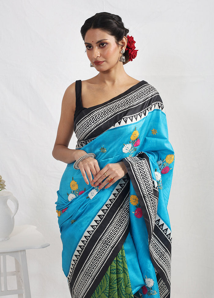 Blue Printed Pure Silk Saree With Blouse Piece - Indian Silk House Agencies