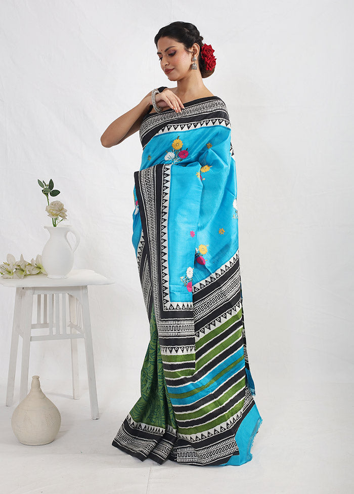 Blue Printed Pure Silk Saree With Blouse Piece - Indian Silk House Agencies