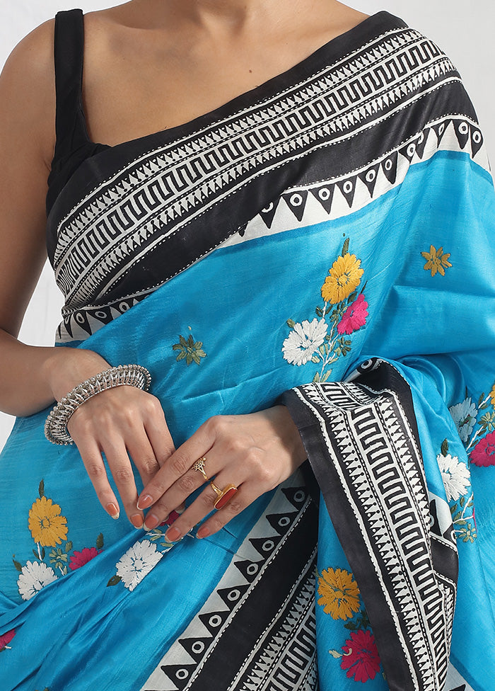 Blue Printed Pure Silk Saree With Blouse Piece - Indian Silk House Agencies