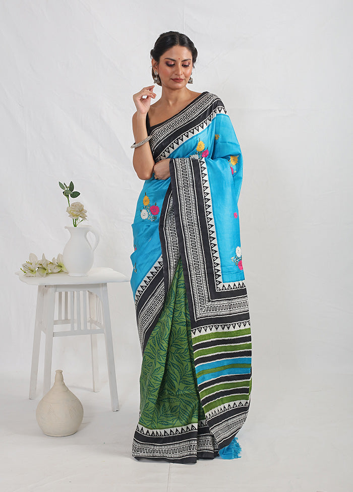 Blue Printed Pure Silk Saree With Blouse Piece - Indian Silk House Agencies