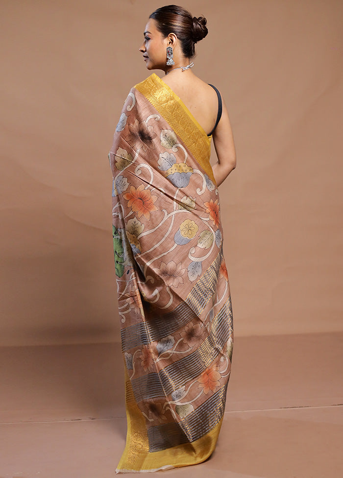 Peach Tussar Silk Saree With Blouse Piece