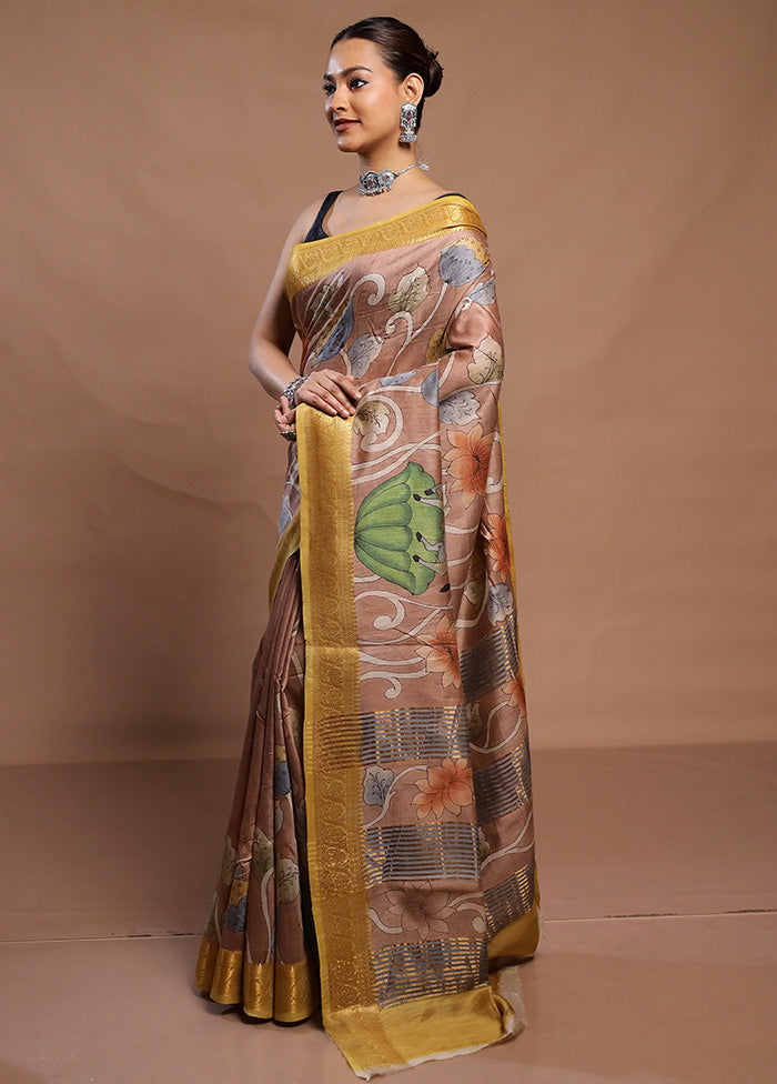 Peach Tussar Silk Saree With Blouse Piece