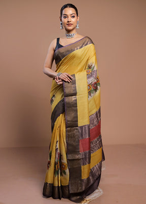 Yellow Handloom Tussar Pure Silk Saree With Blouse Piece