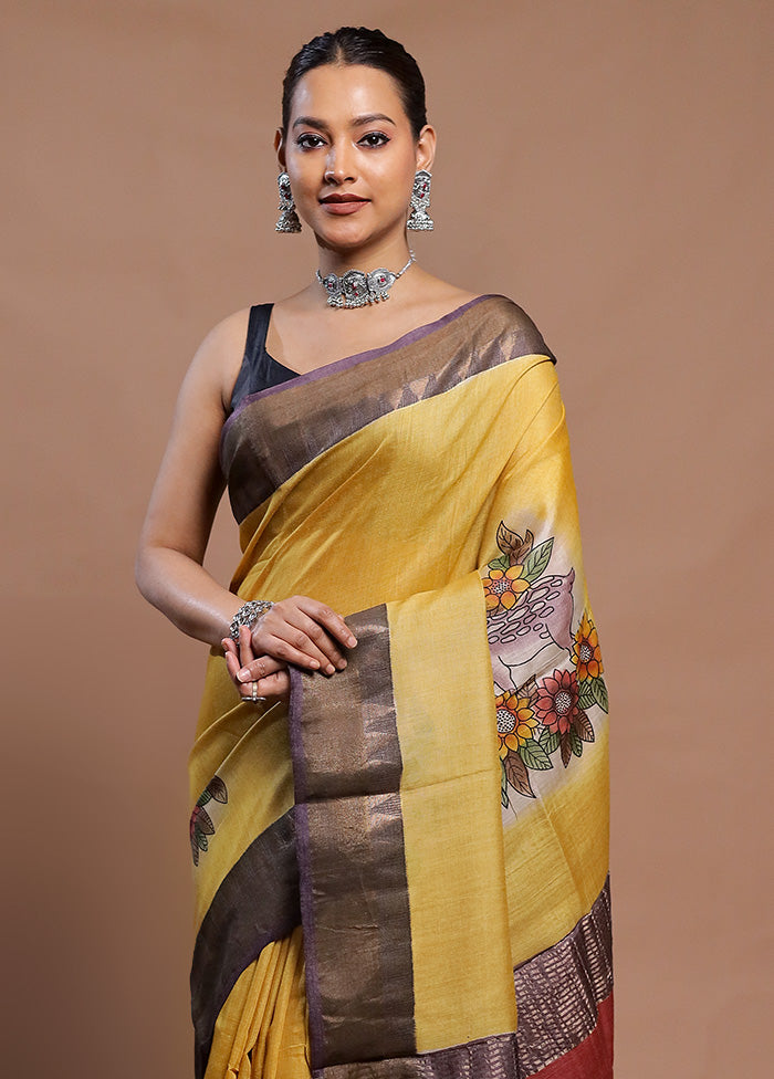 Yellow Handloom Tussar Pure Silk Saree With Blouse Piece