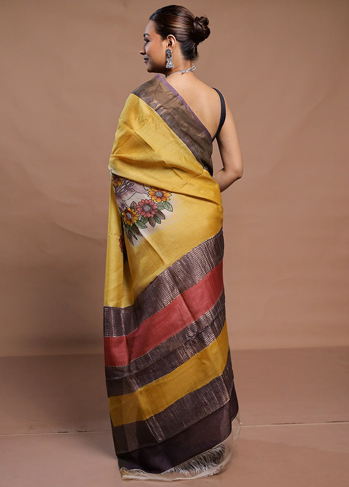 Yellow Handloom Tussar Pure Silk Saree With Blouse Piece