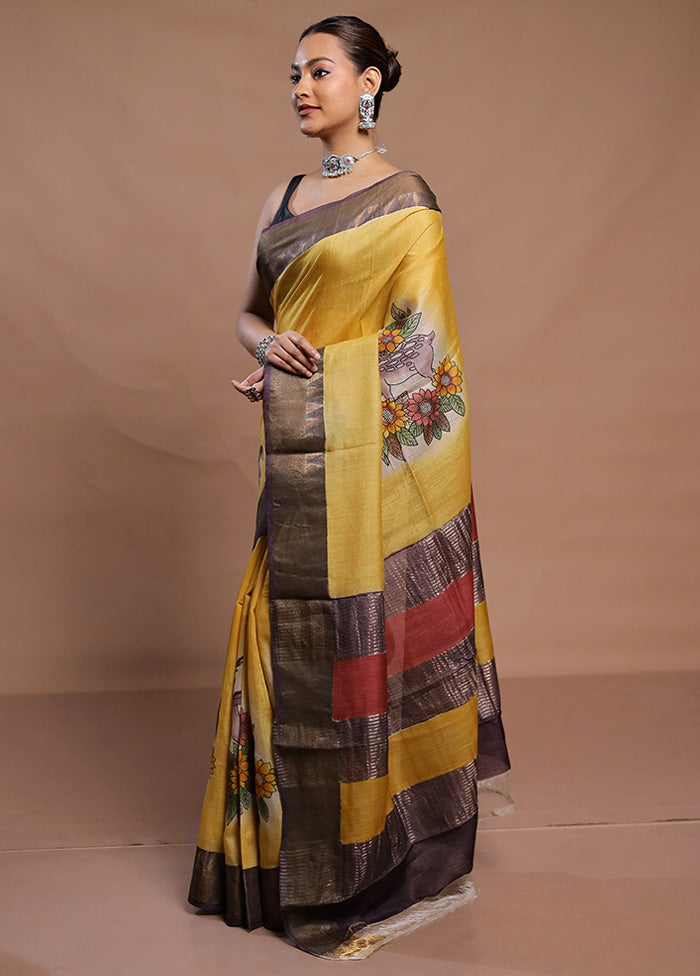 Yellow Handloom Tussar Pure Silk Saree With Blouse Piece